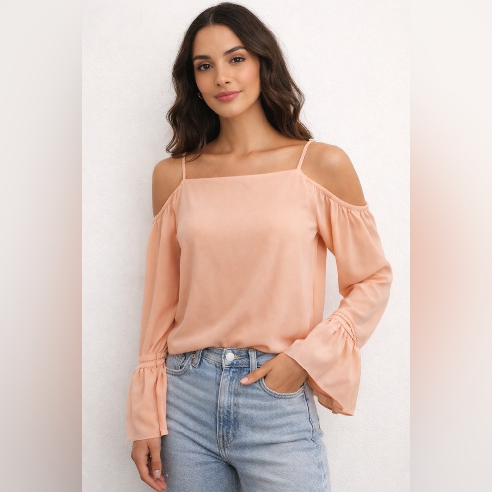 ON TWELFTH Peach Cold Shoulder Blouse | Flowy Bell Sleeve Top | Boho Chic